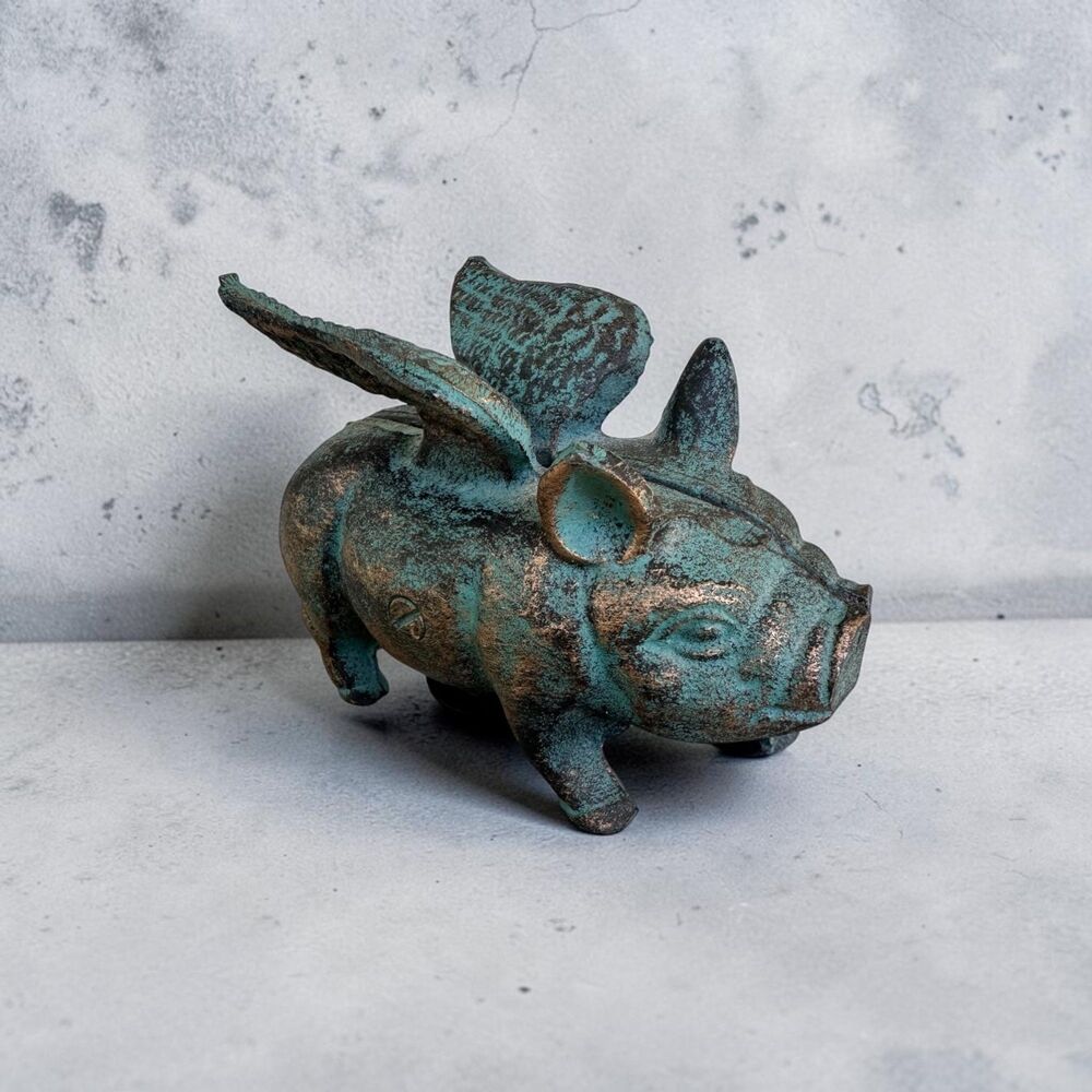 Vintage/Antique Style Cast Iron Screw-Together Flying Pig Still Bank